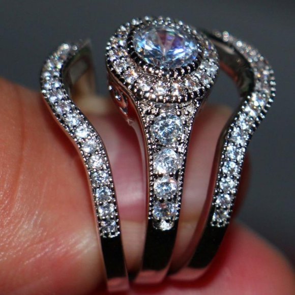 NEW 18K White Gold Diamond Halo 3 PC Ring Set - Picture 5 of 7